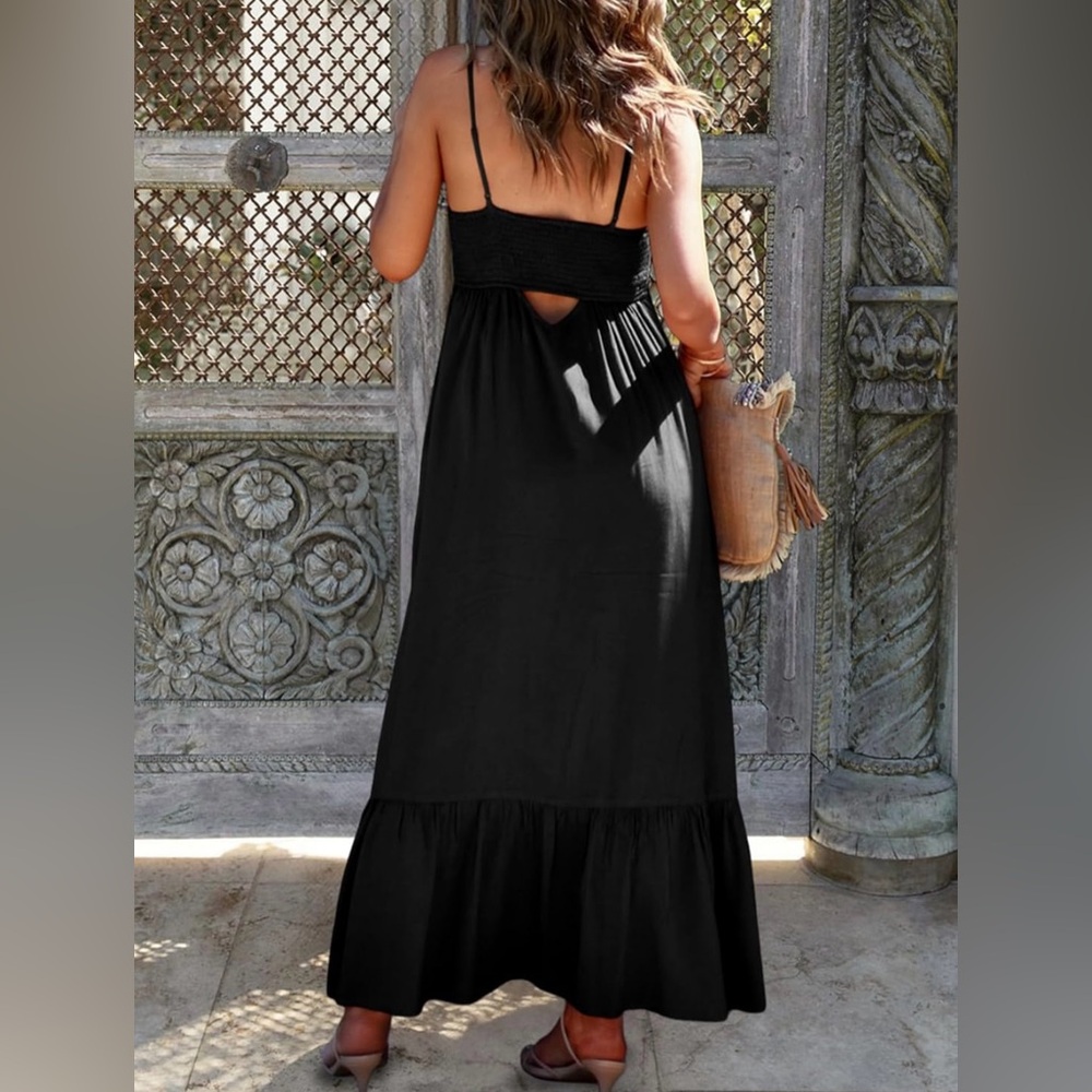Black Smocked Maxi Dress | Button Front Sundress with Pockets Size M - Picture 4 of 11
